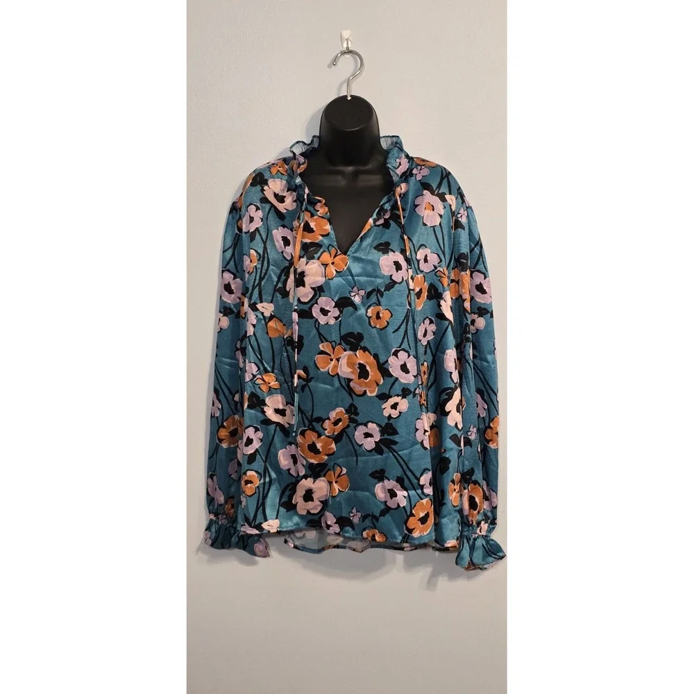 NWT FATE Women's Floral Long Sleeve Peasant Blouse Blue Orange‎ White Size 3XL